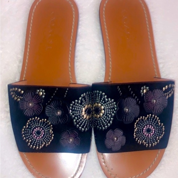 Coach Tea Rose Rivet Stud Black Suede Slide Sandals Shoes Size 8